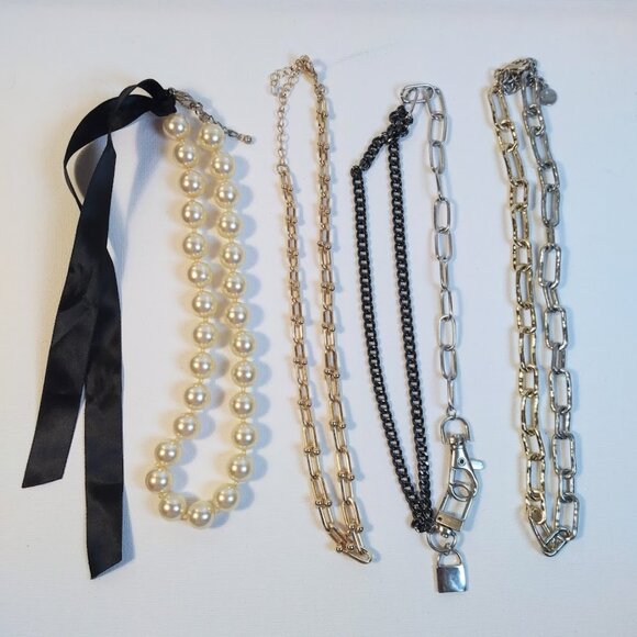 Lot/4 Gold &Silver Tone Necklaces Paper Clip Chunky Chain Faux Pearl Fashion - Picture 1 of 9